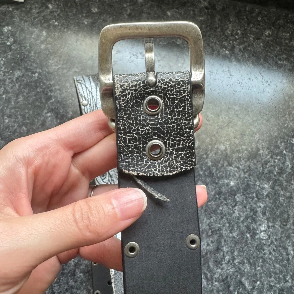 Genuine Leather Black Cracked Silver Eagle Wing Studded Belt 36